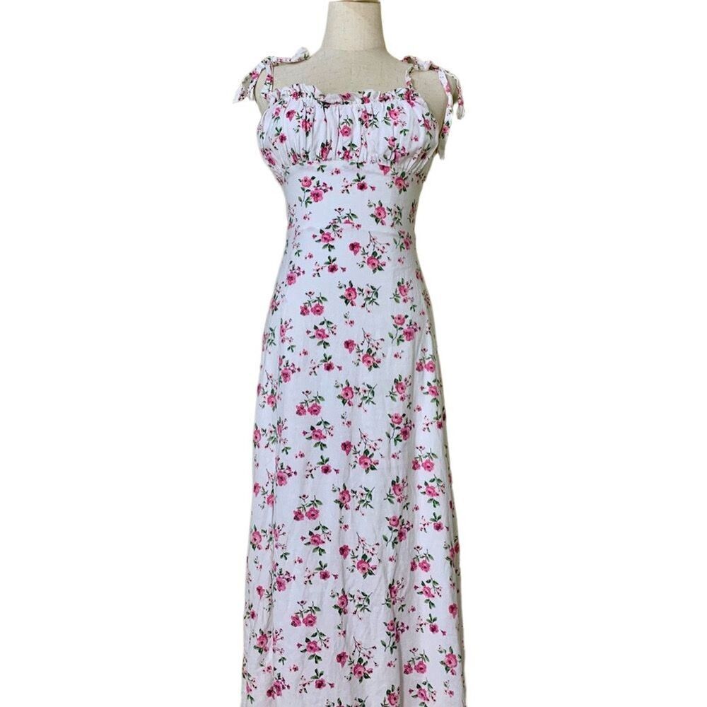 Wayf Women’s Linen Blend Maxi Dress Floral White Pink Sleeveless Parisian XS